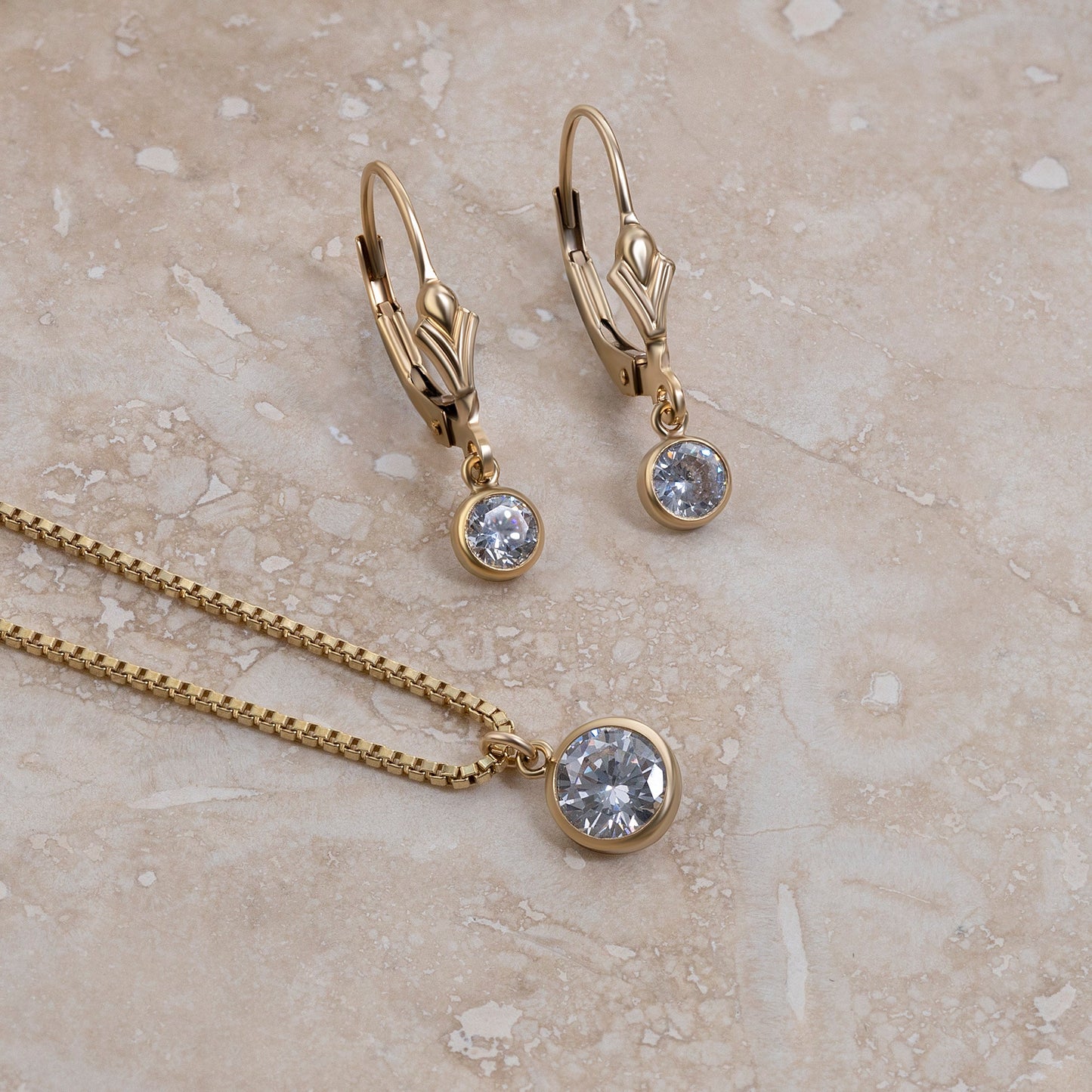 LucyKitty Gold Filled Iris Birthstone Earrings and Necklace Set in April Diamond