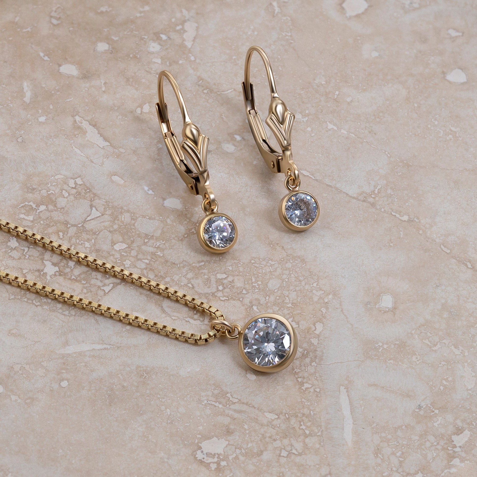 LucyKitty Gold Filled Iris Birthstone Earrings and Necklace Set in April Diamond