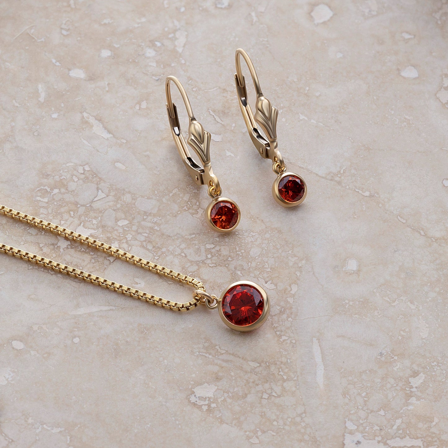 LucyKitty Gold Filled Iris Birthstone Earrings and Necklace Set in July Ruby