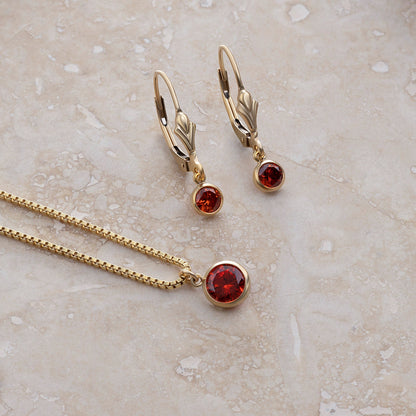 LucyKitty Gold Filled Iris Birthstone Earrings and Necklace Set in July Ruby