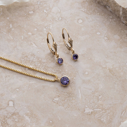 LucyKitty Gold Filled Iris Birthstone Earrings and Necklace Set in June Alexandrite