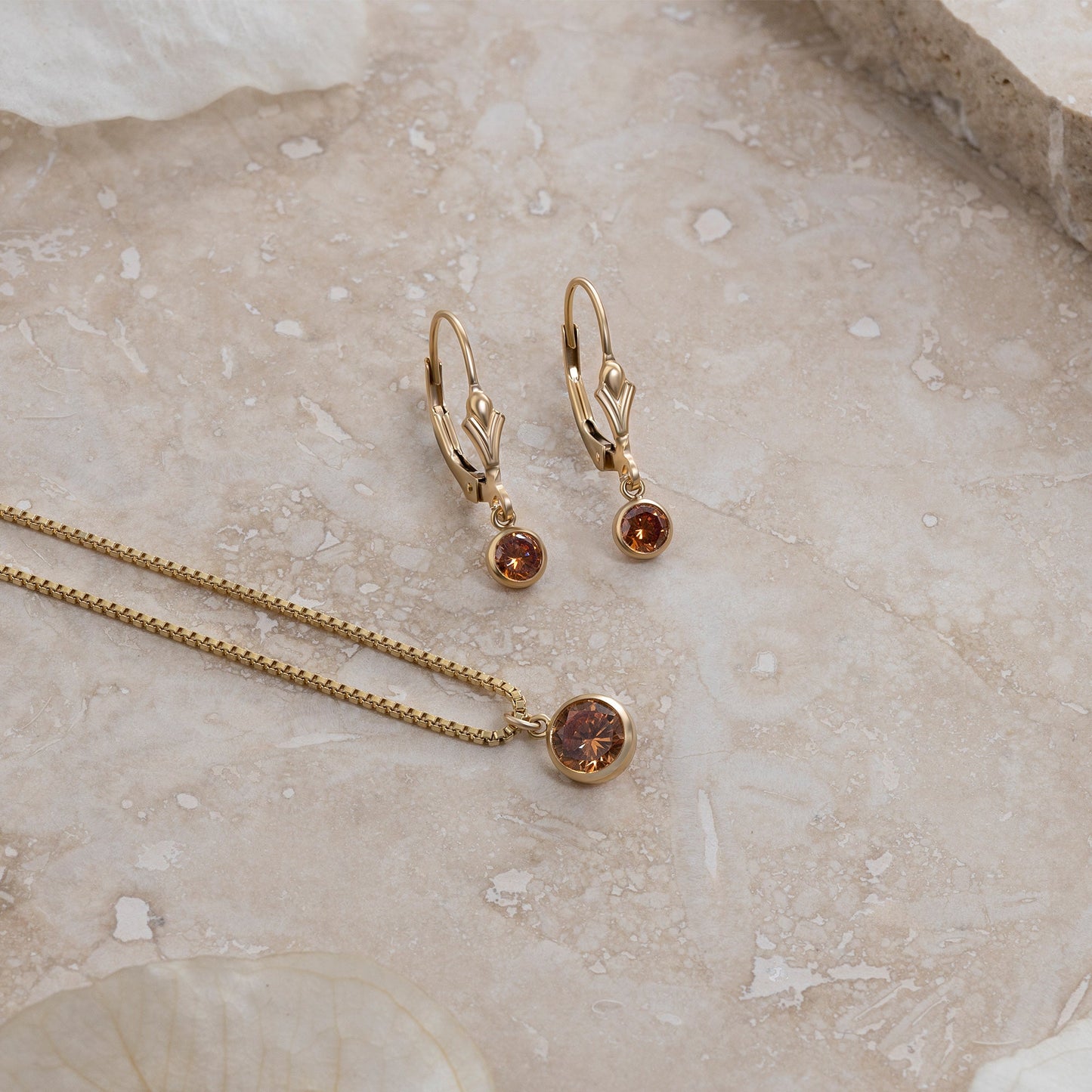LucyKitty Gold Filled Iris Birthstone Earrings and Necklace Set in November Citrine