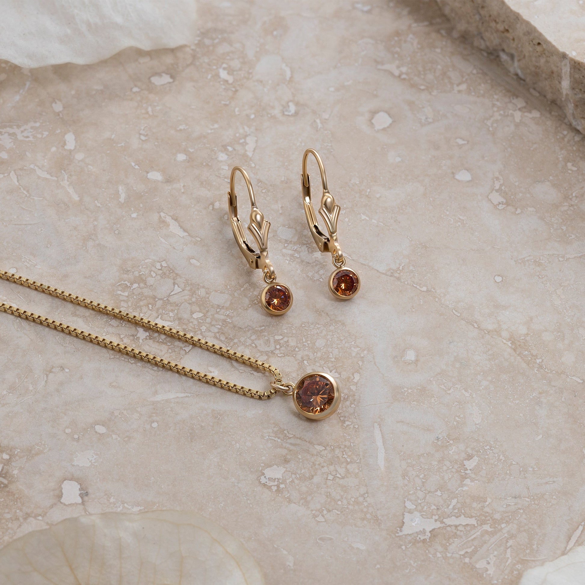 LucyKitty Gold Filled Iris Birthstone Earrings and Necklace Set in November Citrine