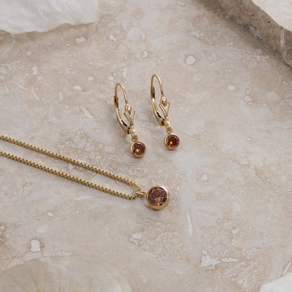 LucyKitty Gold Filled Iris Birthstone Earrings and Necklace Set in November Citrine