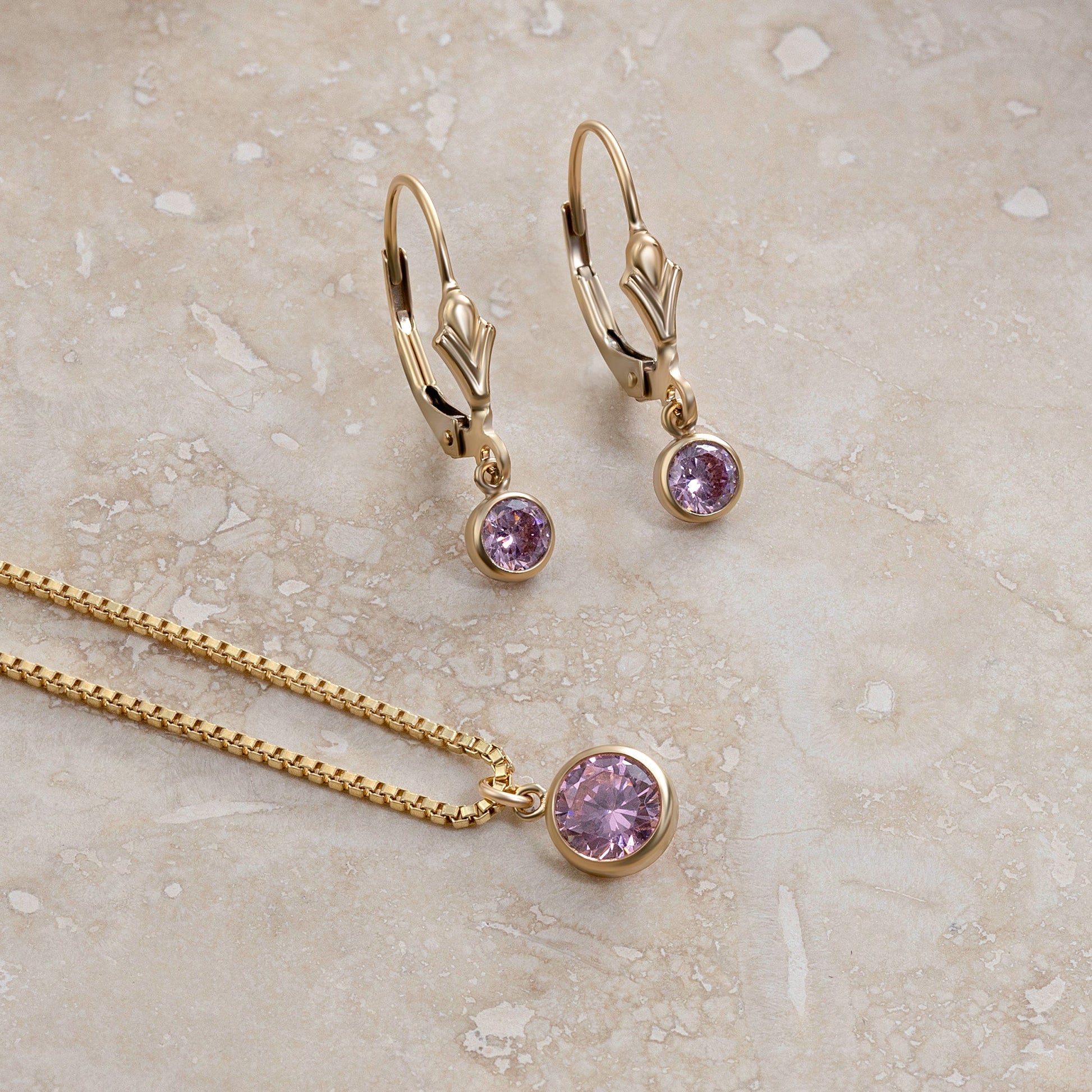 LucyKitty Gold Filled Iris Birthstone Earrings and Necklace Set in October Tourmaline