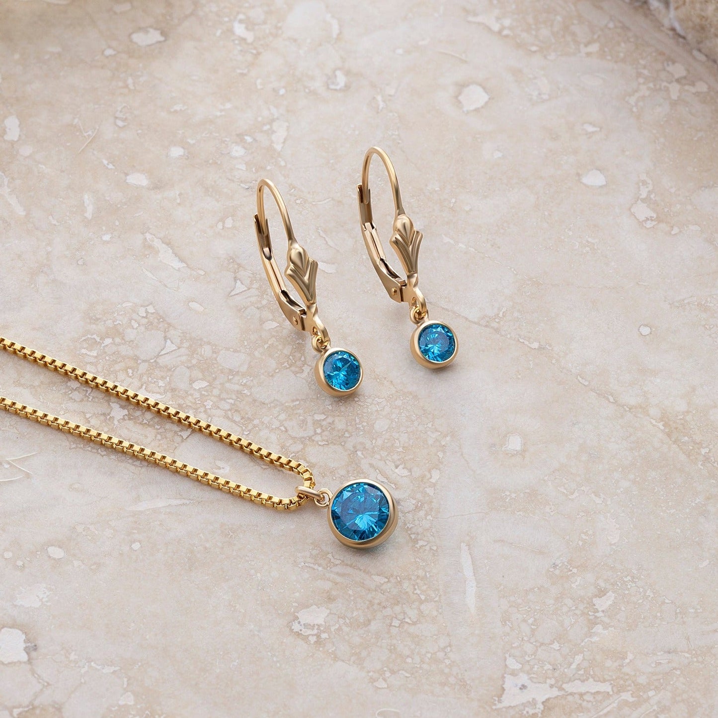 LucyKitty Gold Filled Iris Birthstone Earrings and Necklace Set in September Sapphire