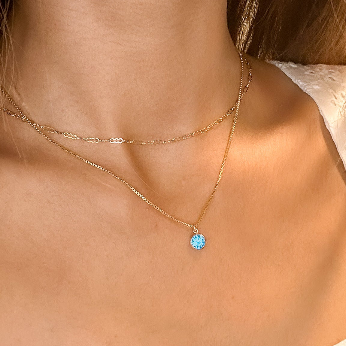 LucyKitty Gold Filled Iris Birthstone Necklace in March Aquamarine
