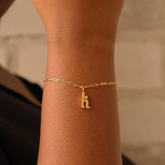 LucyKitty Gold Filled Zia Chain Bracelet and Gothic Letter Charm