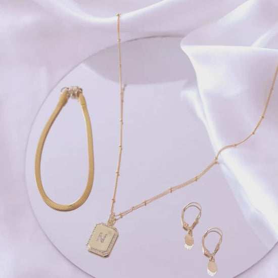 LucyKitty Gold Filled Mira Fine Herringbone Bracelet, Carta Pendant, Saturna Chain, and Mona Earrings