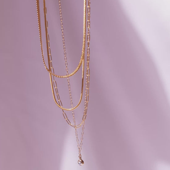 LucyKitty Gold Filled Mini Moonstone Necklace, Snake Chain, Paperclip Chain, and Mira Necklace