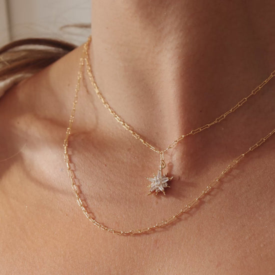 Model wearing LucyKitty Gold Filled Zia Chain and Flykra Necklace